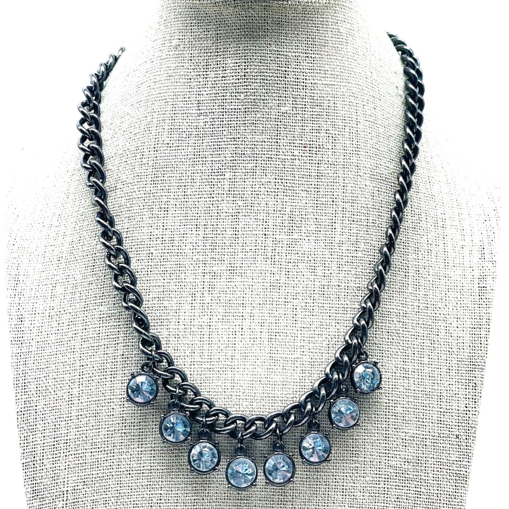 Signed American Eagle Outfitters Necklace Blue Rhinestone Gunmetal Statement